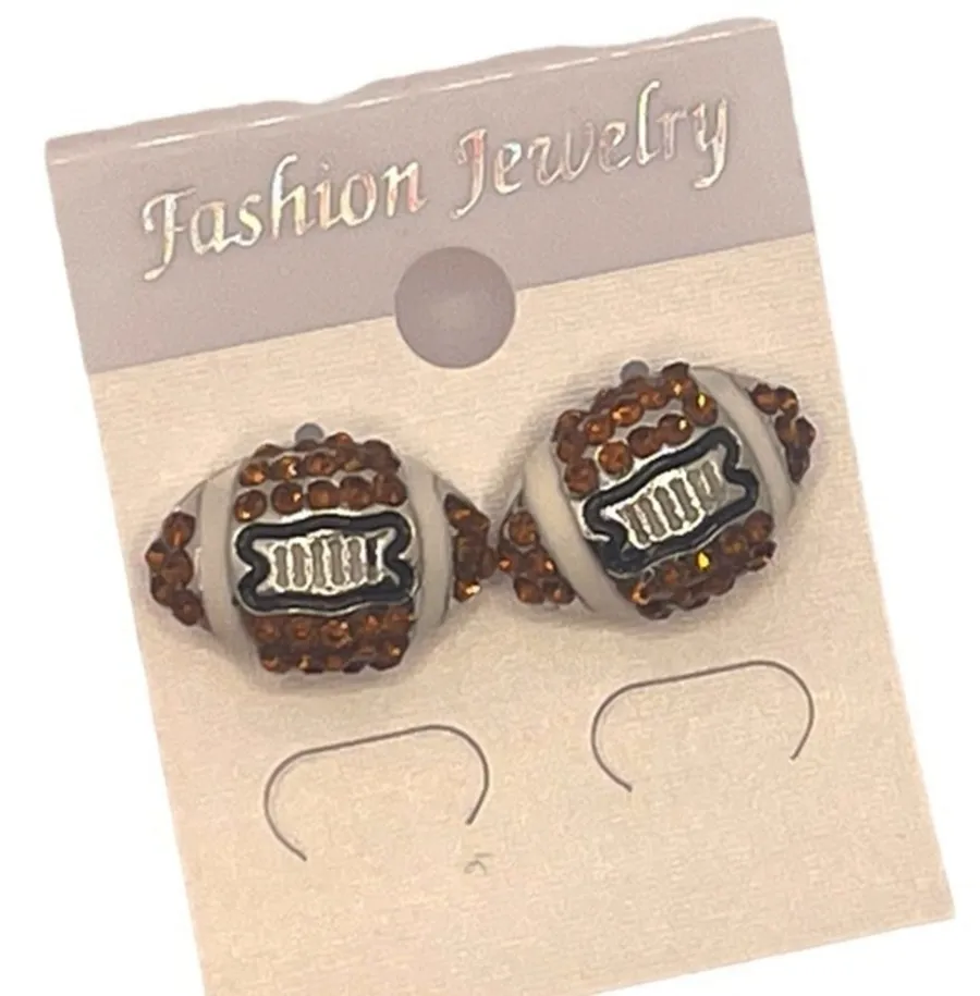Football Post Earrings Brown Rhinestone