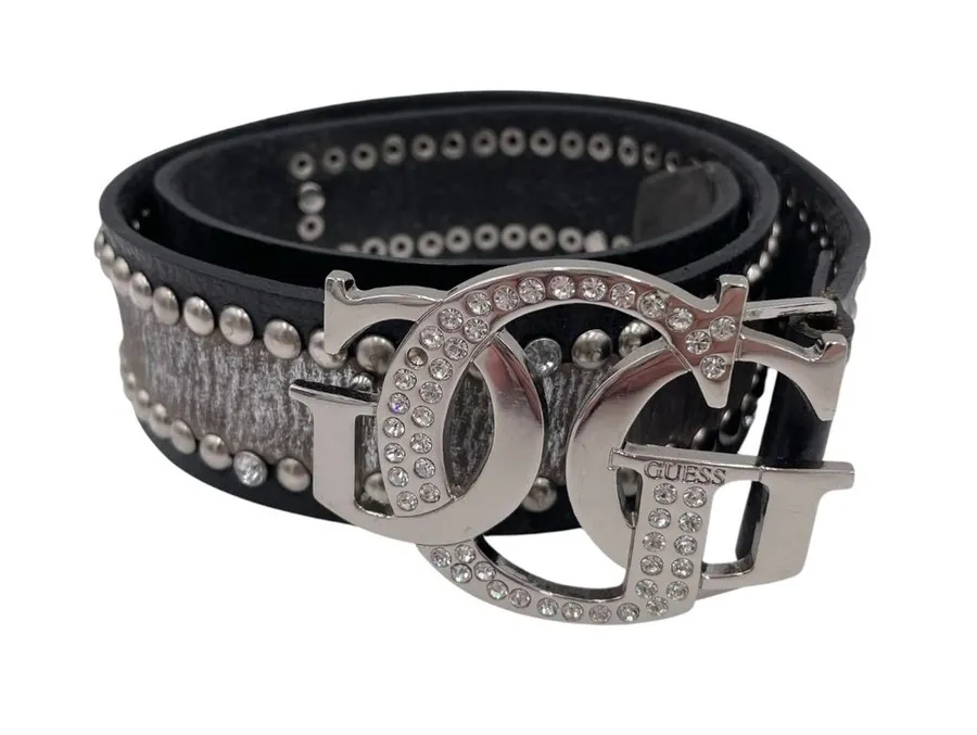 Y2K Guess Silver Embossed Studded Rhinestone Belt Blingy Black Leather 36.5"