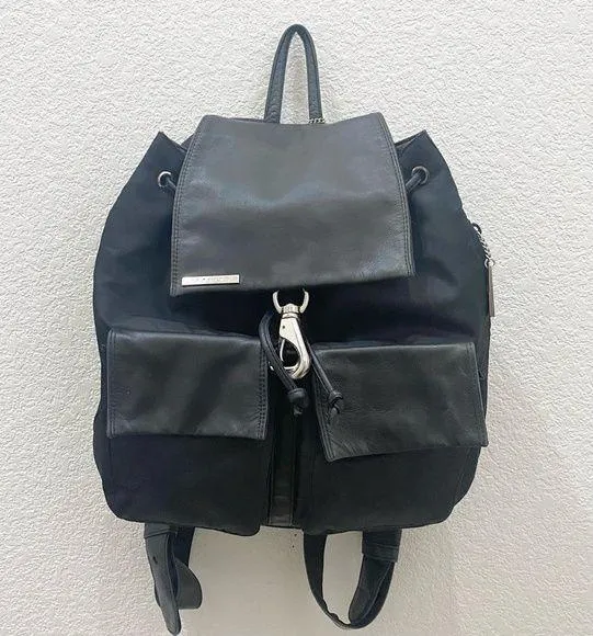 Vintage Black Nylon & Leather Buckle Accent Drawstring Backpack