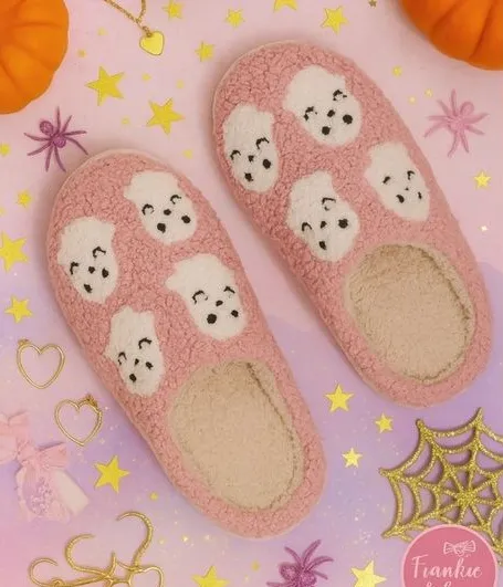 Pink Halloween Ghost Slippers Cozy Plush House Shoes NWT Sizes 7 & 8
