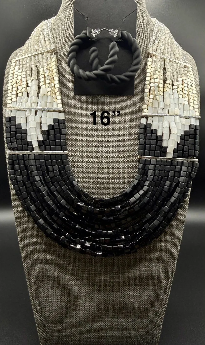Multistrand Black and White Beaded Statement Necklace