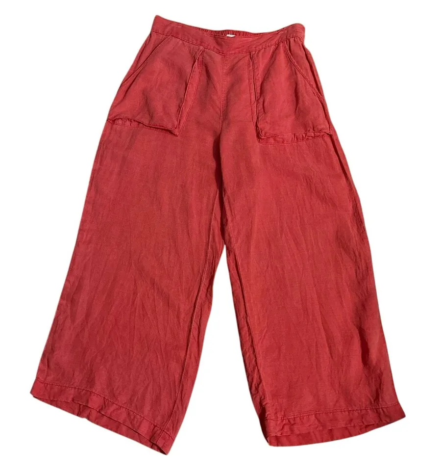 Cynthia Rowley Size M Wide Leg Crops Pants Linen Blend Elastic Waist Coral