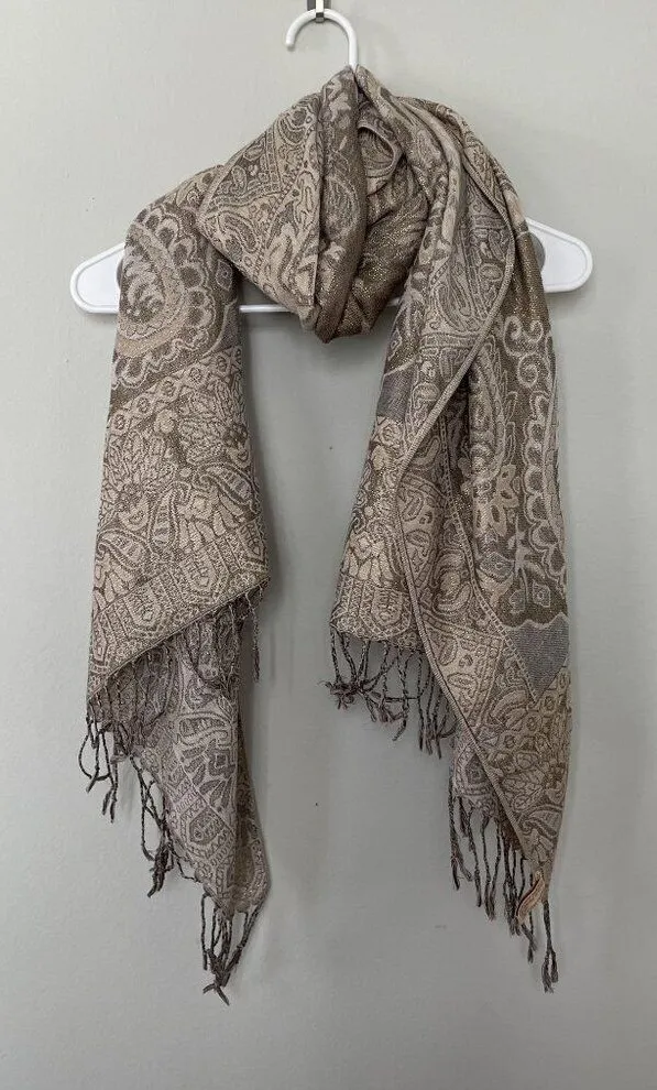 collectioneighteen beige brown tan paisley vintage scarf fringe soft beautiful