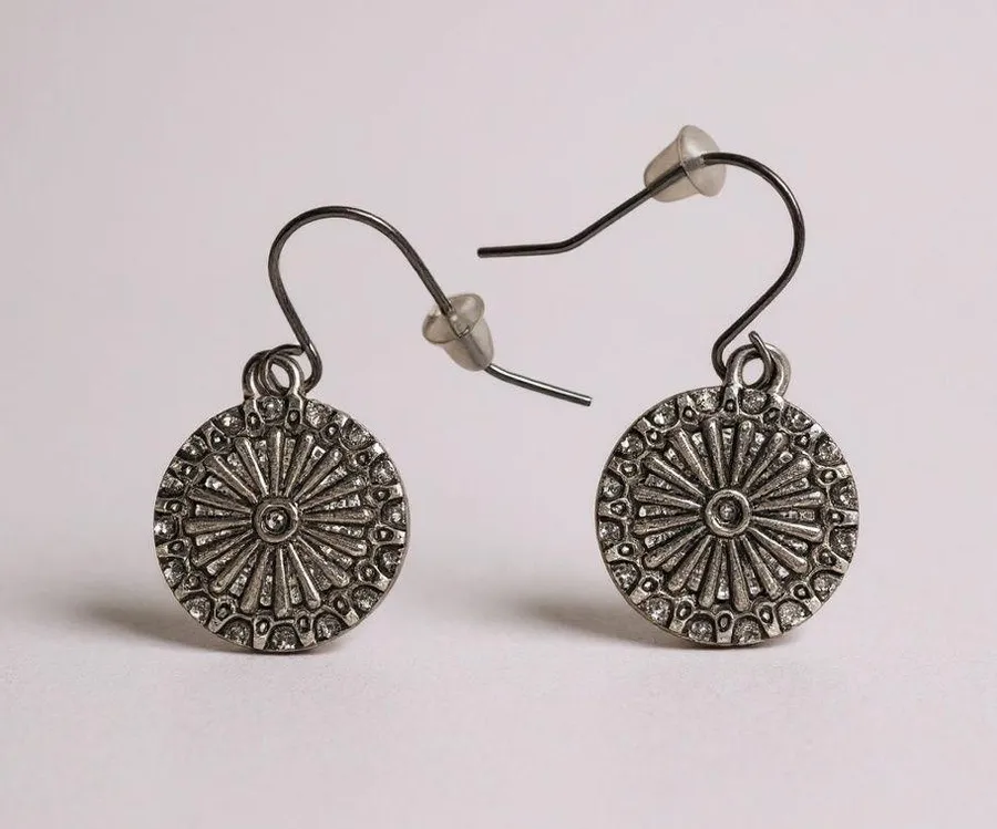 Boho Round Sunray Pattern Dangle Earrings Festival Style Silver