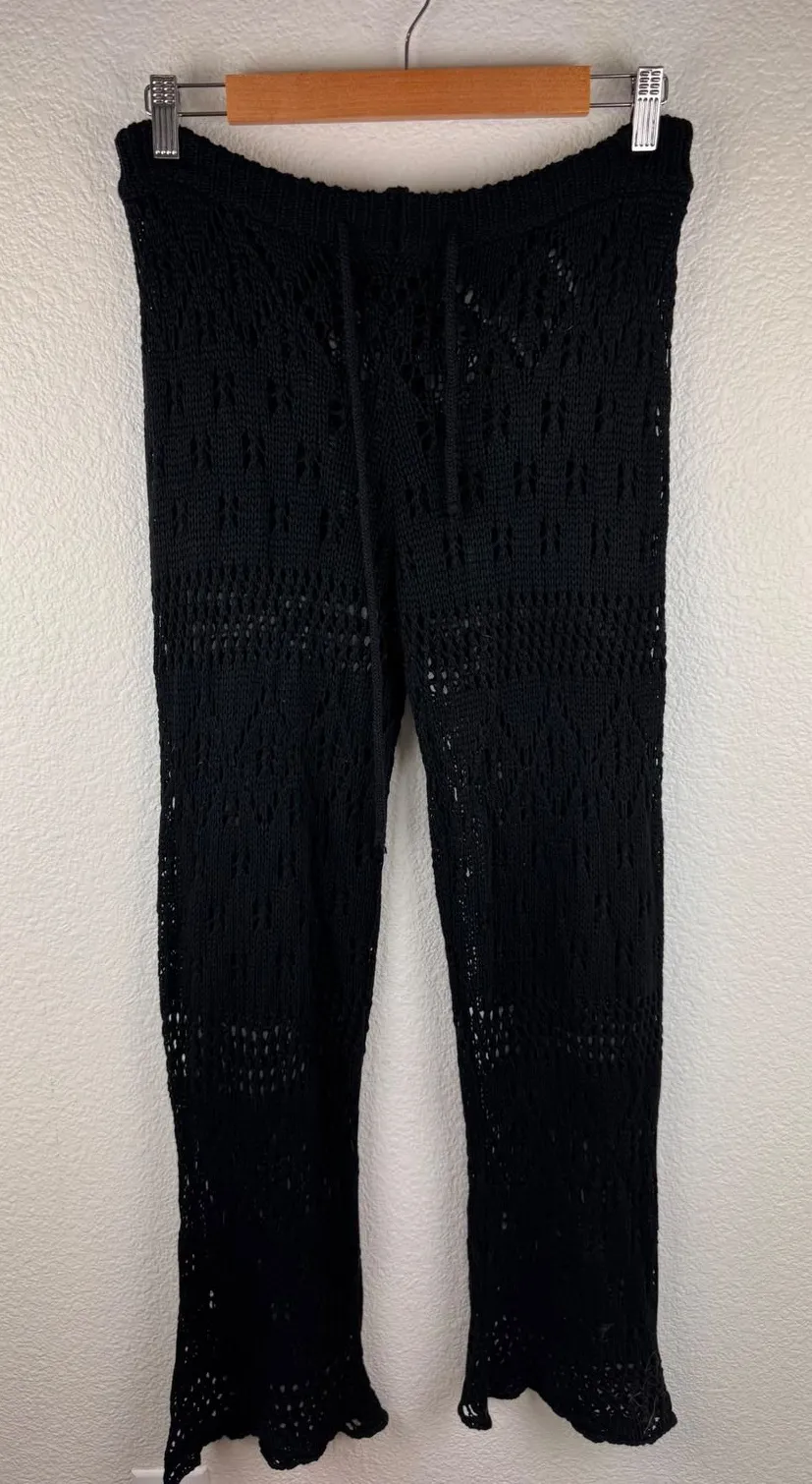 Black Crochet Knit Wide Leg Pants Cover Up Drawstring Beach Boho Size M Resort Black Size M