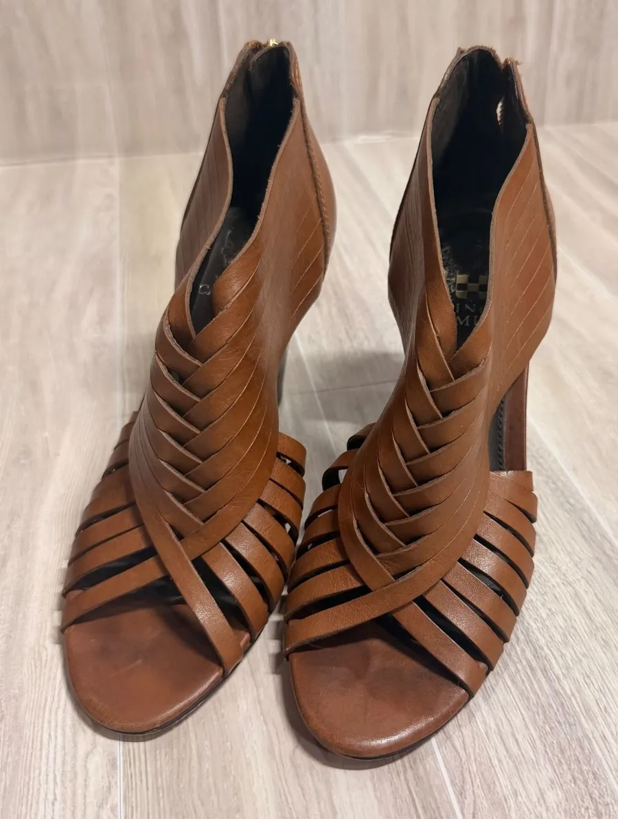 Vince Camuto Womens Cognac Brown Leather Strappy Woven Wedge Sandals 6.5 B 36.5