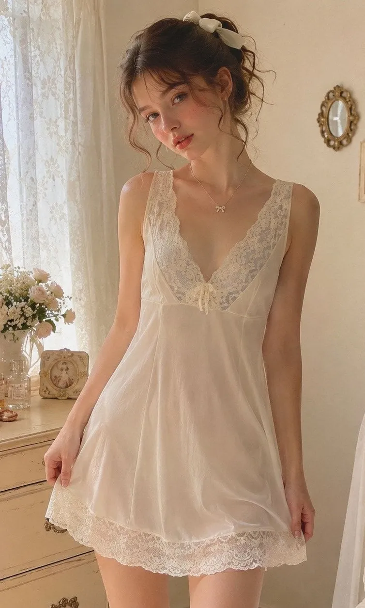 Vtg Lingerie Ivory Lace Trim Slip Dress Sz M Nightgown Coquette Fairy Cottage