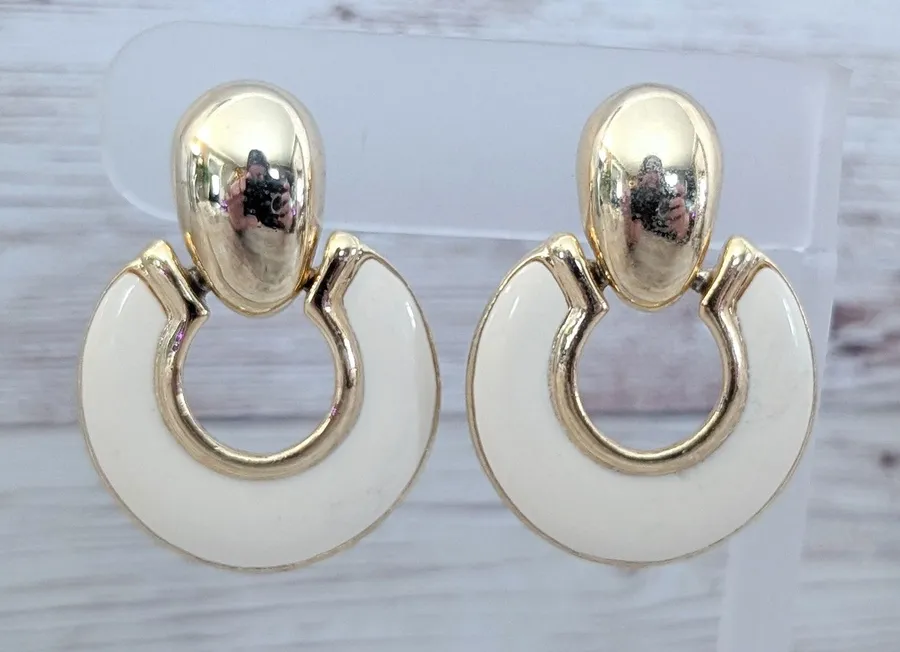 Vintage Clip On Earrings Cream Enamel & Gold Tone