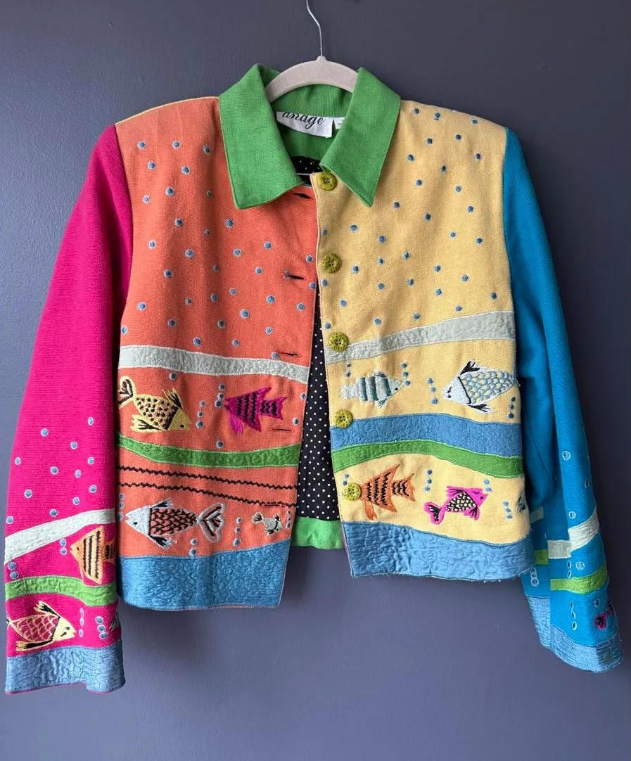 Anage Colorblock Cotton Jacket with Fish Embroidery