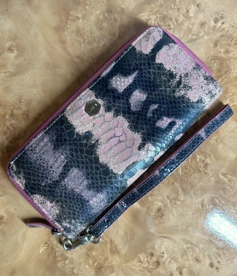 Lodis Pink Gray Snake Print Leather Zip Around Wallet Wristlet Leather Lined 8"