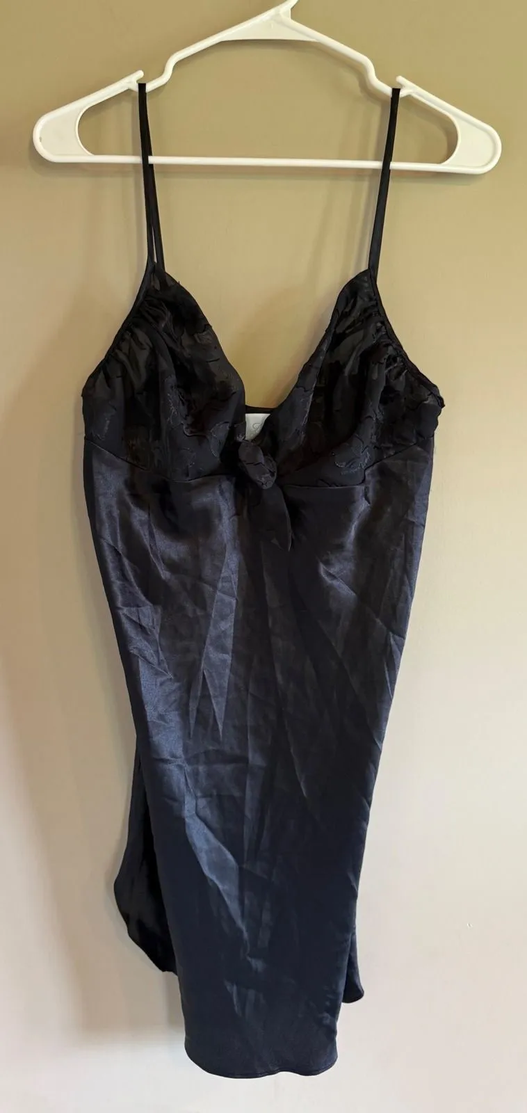 Vintage Laura Gayle Black Satin Chemise Nightgown Floral Bust Tie Front Large