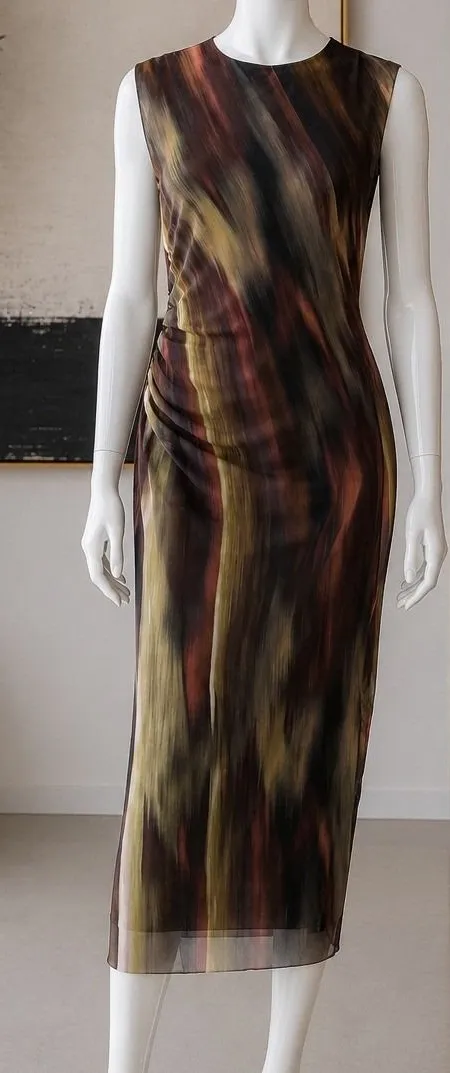 Zara Womens Midi Dress Abstract Print Ruched Mesh Sleeveless Brown Medium