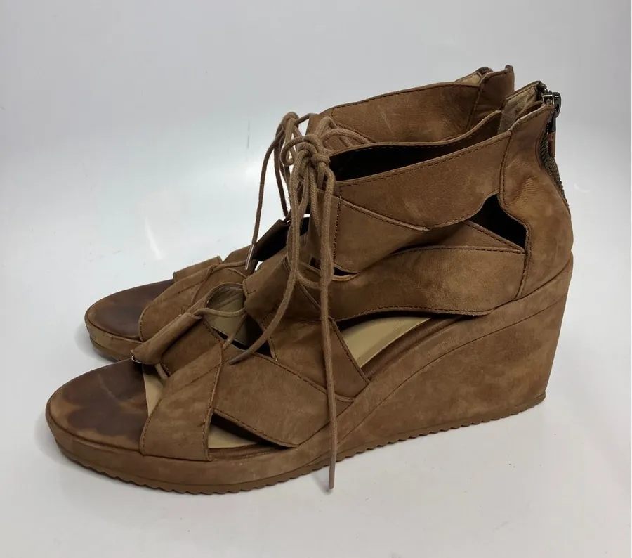 Eileen Fisher Wedge Sandals Womens 9 Brown Fair Suede Lace Up Gladiator Zip
