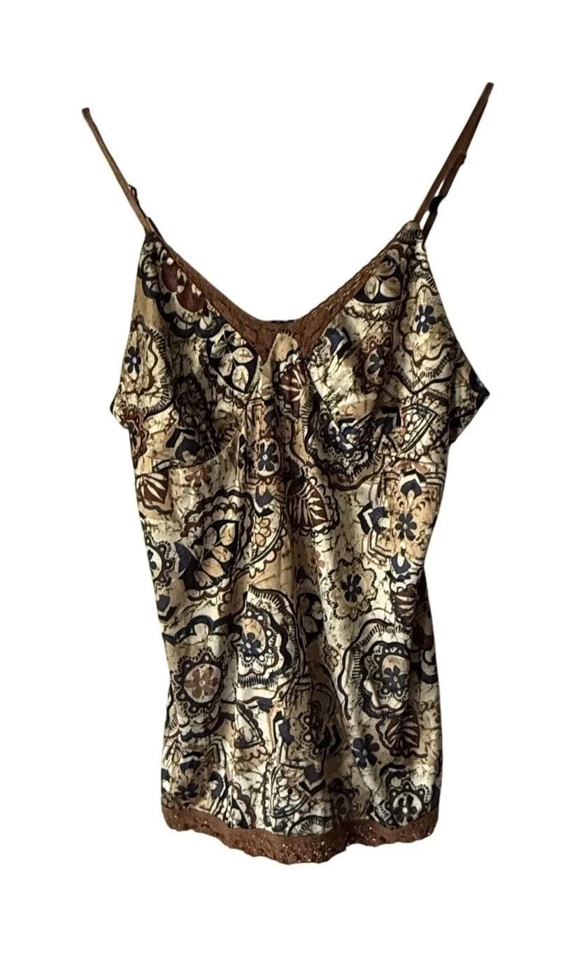 Weavers Girl Camisole Top M Boho Floral Lace Trim Y2K Retro Tank Top Babydoll Brown Size M