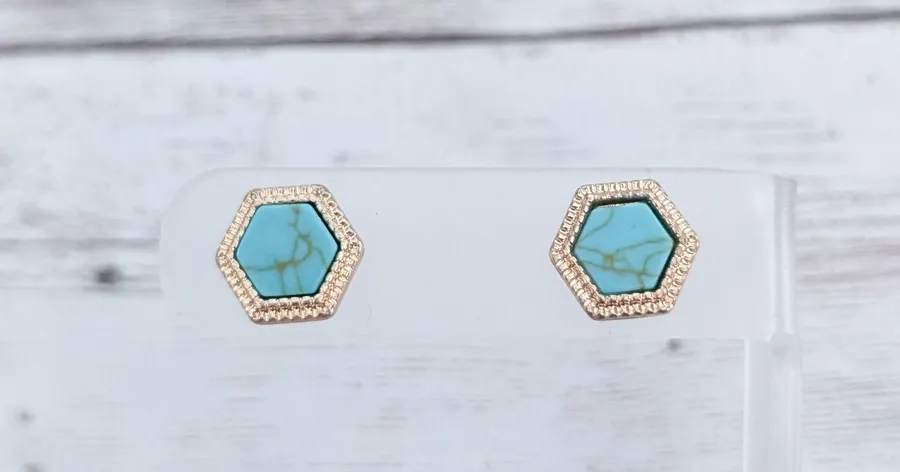 Vintage Stud Earrings Hexagon Shape Gold Tone & Turquoise Tone 0.5" Dainty