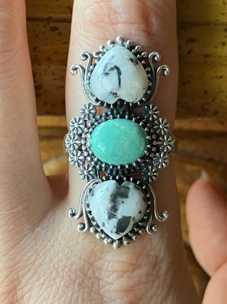 White Buffalo Nevada Turquoise Sterling Silver Heart Ring Size 9