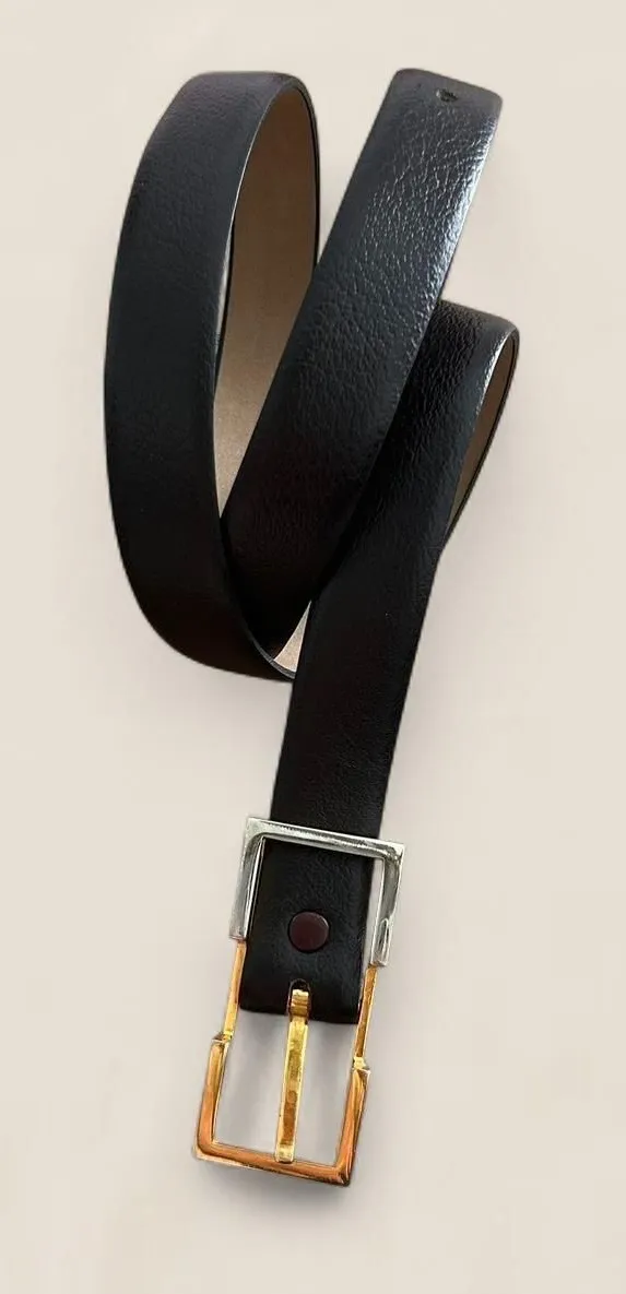 Swank vintage black leather mixed metal gold silver rectangle buckle belt
