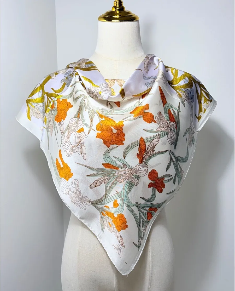 Elegant Satin Polyester Floral Scarf in Orange, Yellow, and Green – 68cm x 68cm Orange
