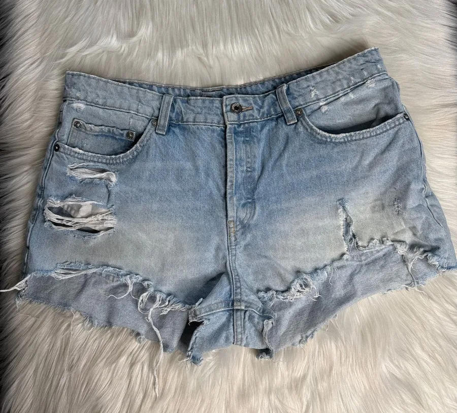 Zara Light Wash High Waisted Distressed Ripped Denim Cut Offs