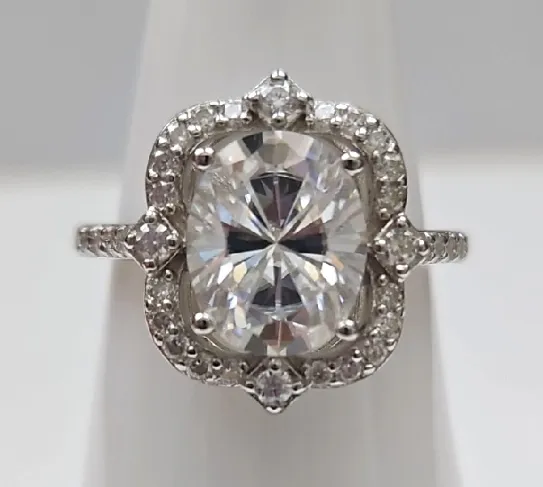 3ct Oval Scalloped Halo Iced Out Moissanite Ring. Size 7
