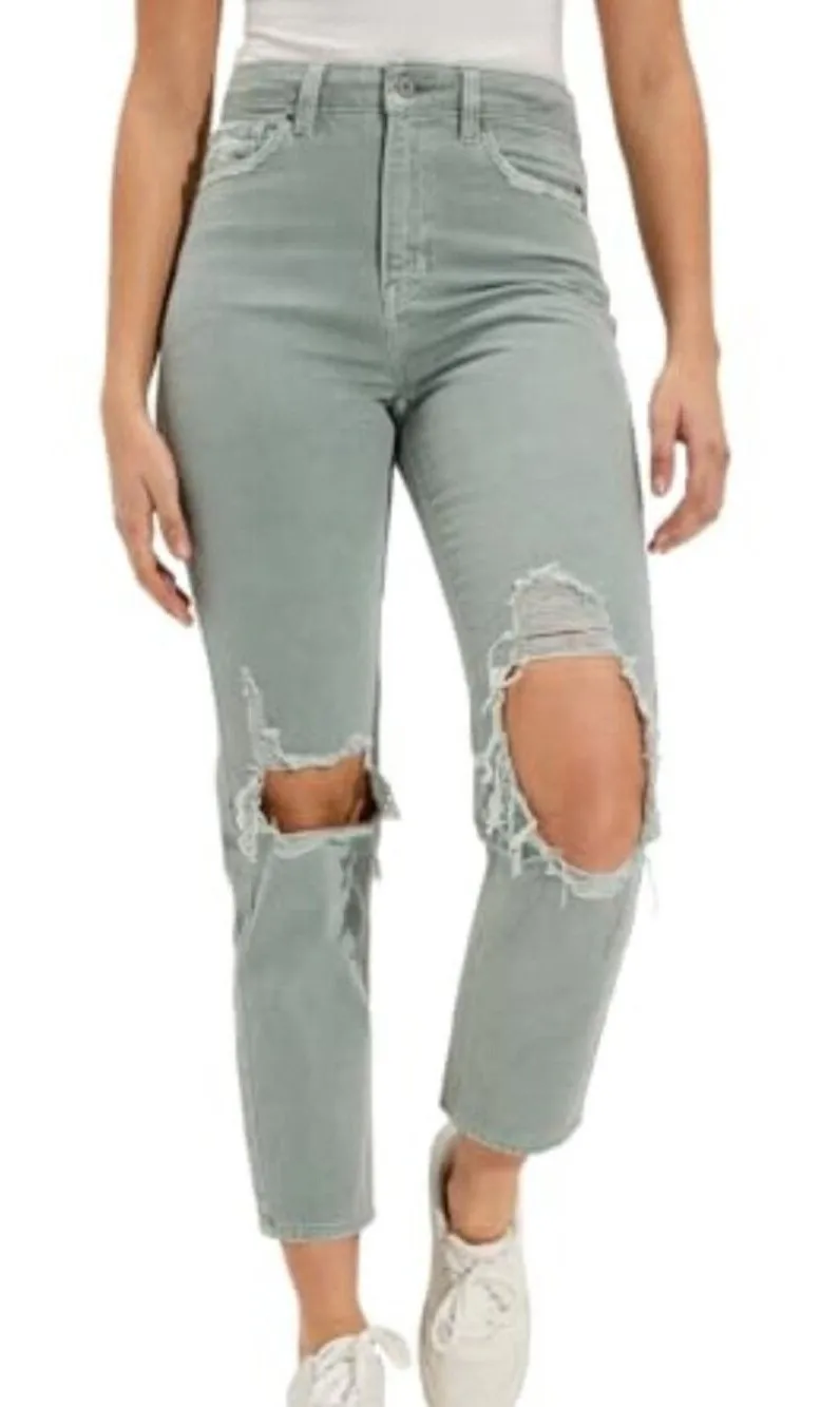 American Eagle Sz 14 Sage Green Womens Ripped High Rise Straight Mom Jeans