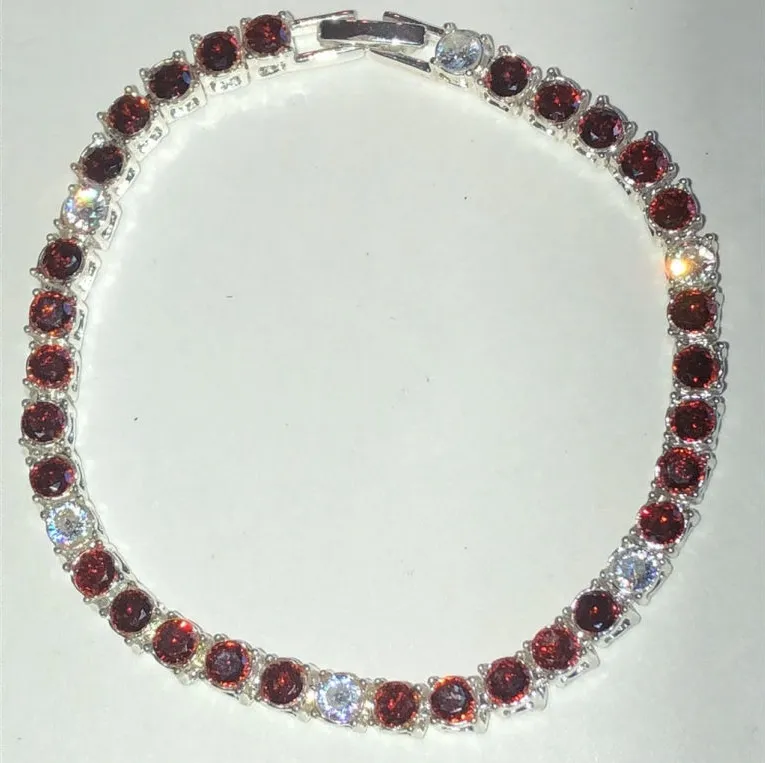 Elegant Reddish Orange Rhinestones and Silver Tone Tennis Bracelet Red