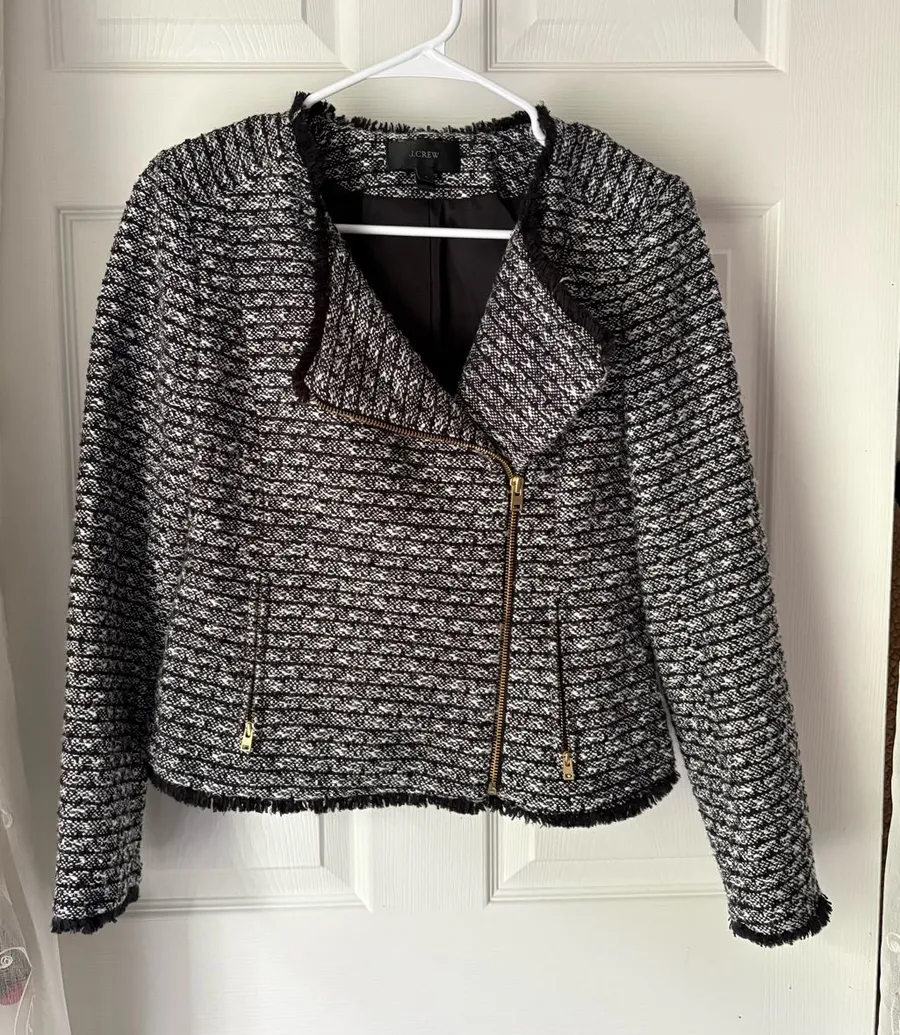 J. Crew Tweed Moto Jacket Fringe Hem zip 9% wool size 4