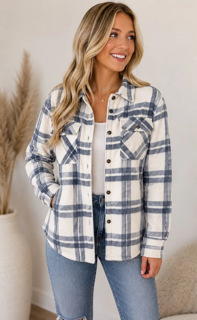 Cozy Sherpa-Lined Plaid Shacket Jacket Cream & Blue Gray XS | Like New
