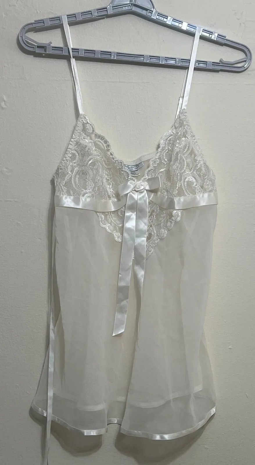 Cinema Etoile Babydoll Lingerie Women Small White Lace Trim Sheer Mesh Satin Bow