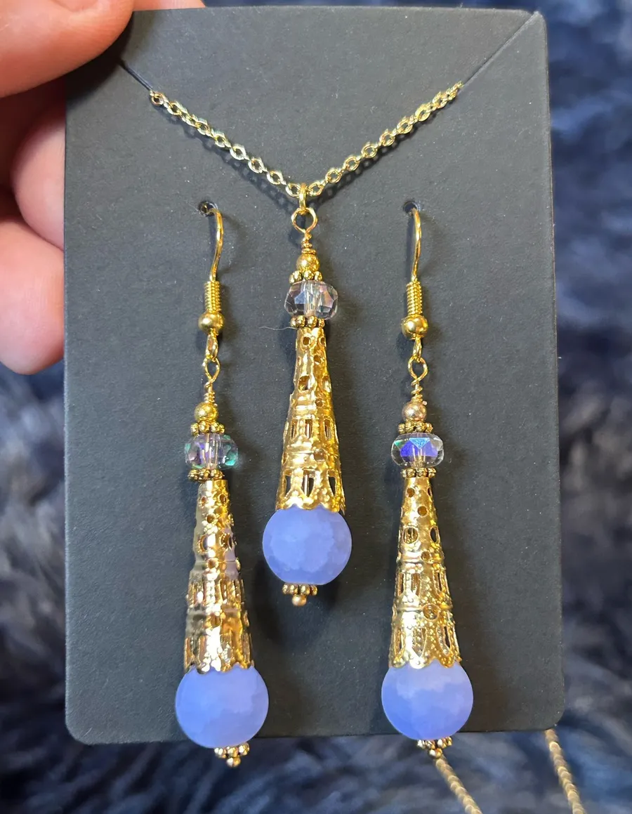 Handcrafted periwinkle crackle glass gold filigree coil necklace and earring set