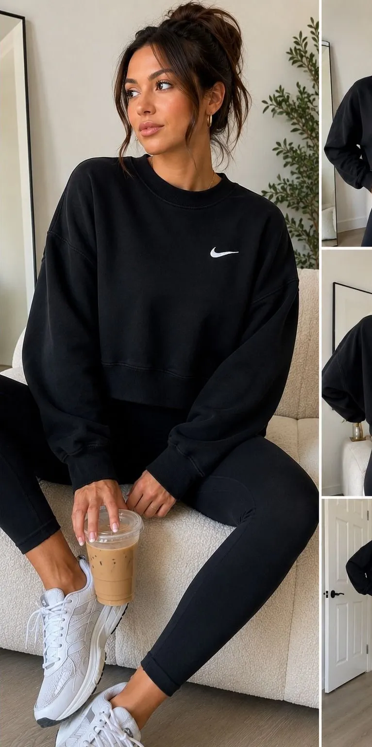 Nike Womens XXL Black Oversized Cropped Crewneck Sweatshirt Embroidered Swoosh