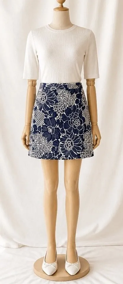 Talbots Navy Blue White Floral Cotton Blend Mini Skirt Tropical Summer Preppy 12