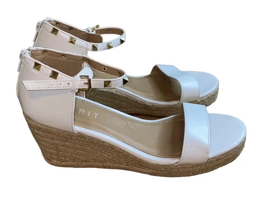 ESPRIT Romy Studded Espadrille Wedge Sandals Size 9.5 Ivory/Nude Ankle Strap