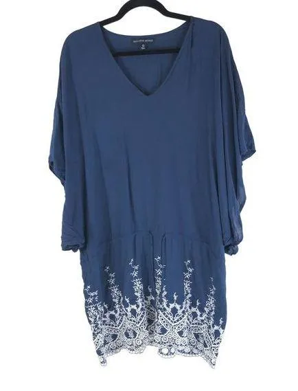 Saks Fifth Avenue Swim Cover Dress Eyelet Embroidery Kaftan Tunic Blouson Blue M