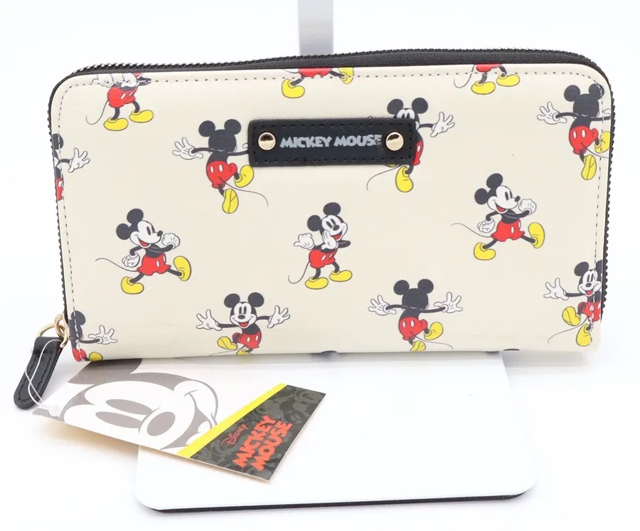 Disney Wallet Womens OS Zip Around Cream Mickey Mouse Print New