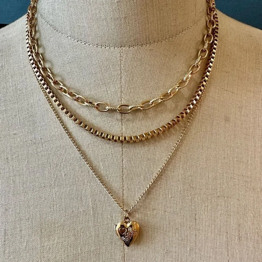 Gold tone triple chain heart locket pendant necklace