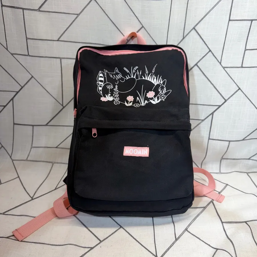 Moomin Backpack Small Black Pink Canvas Floral Graphic Bookbag