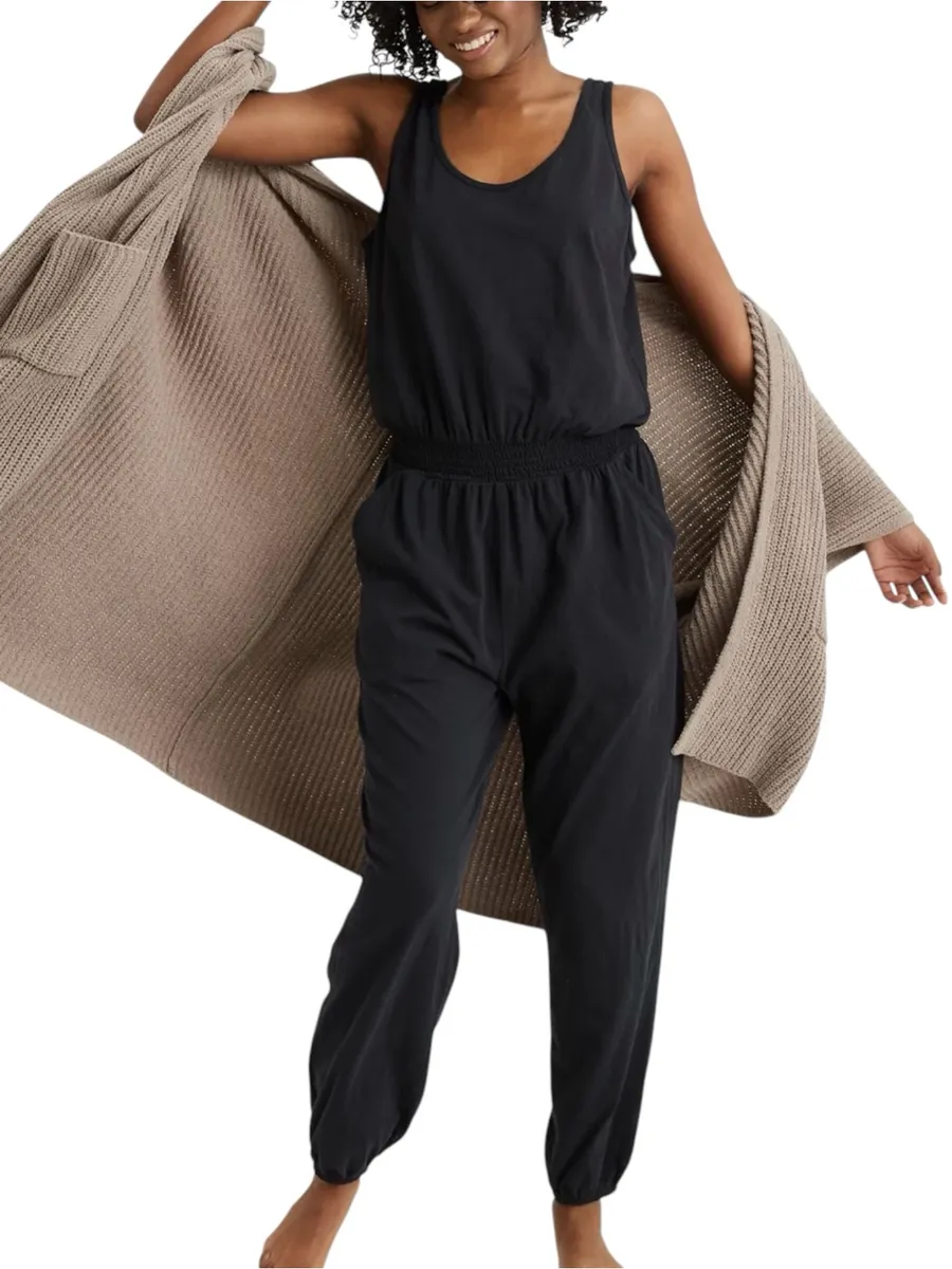 NWT Aerie Everyday Track Jumpsuit Black Sleeveless with Elastic Waist SMALL