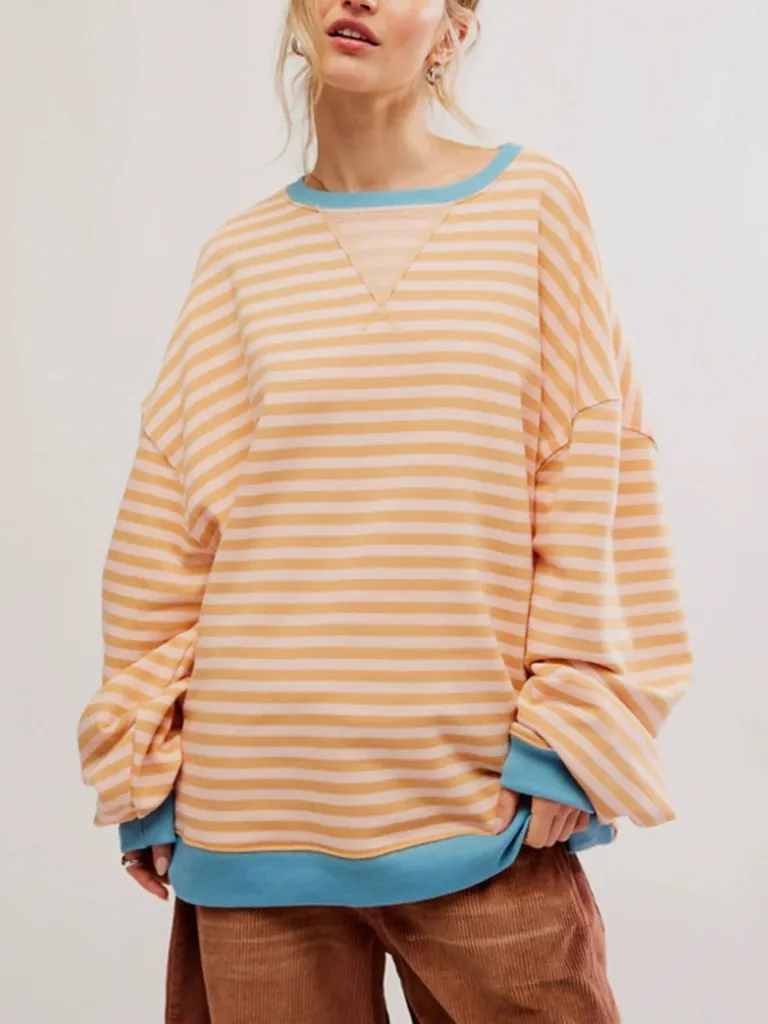 New Free People Classic Striped Oversized Crewneck Large latte combo