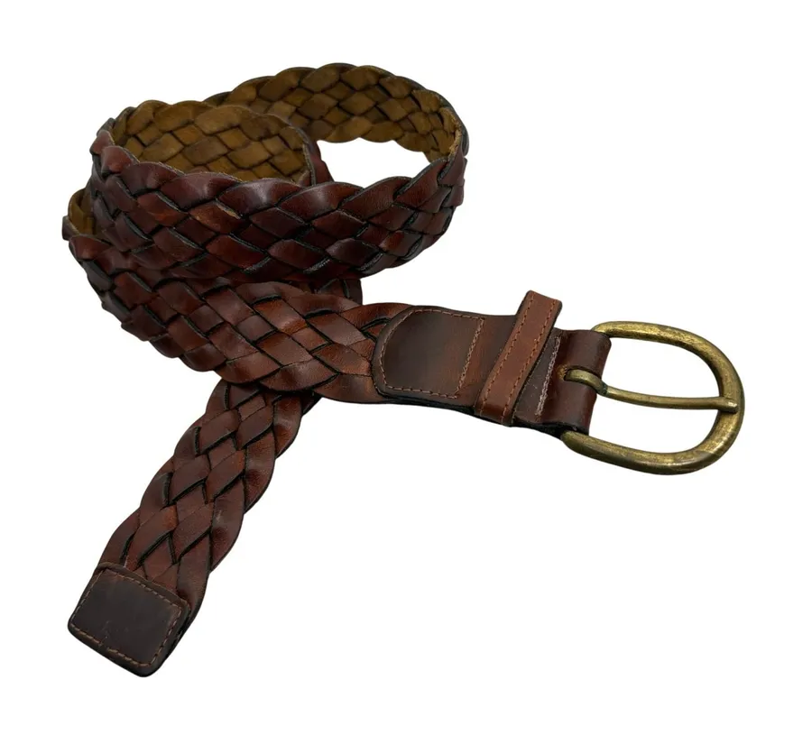 Talbots Belt Womens Medium Brown Braided Leather Antique Brass Buckle Classic