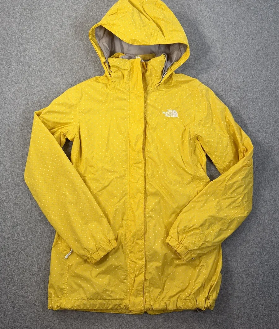 The North Face Women's Small Rain Jacket Hooded Yellow White Polka Dot Full Zip