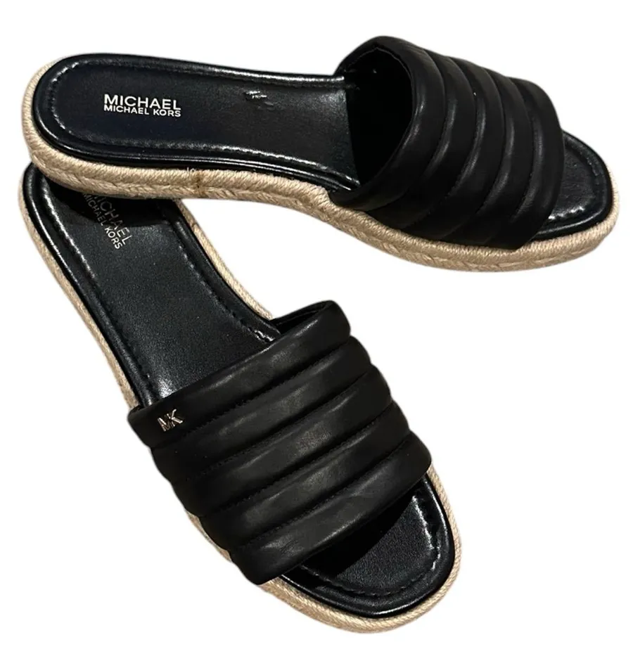 Michael Kors royce quilted black leather jute espadrilles summer vacation sandal