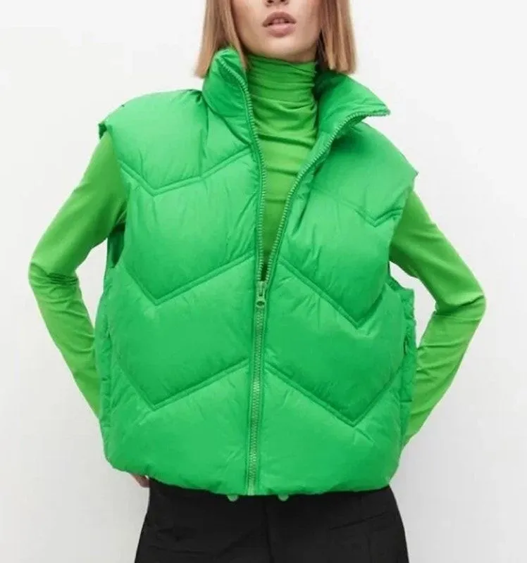 Zara Women's Green Sleeveless Quilted Puffer Zip Up High Neck Vest Jacket Size S