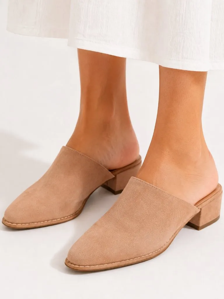 NEW Suede Square Toe Mules Stitch Block Heel Tan Size 12