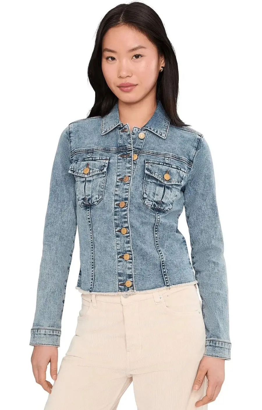 Kut from the Kloth Kara Acid Wash Raw Hem Denim Trucker Jacket KJ0314MA9N Small