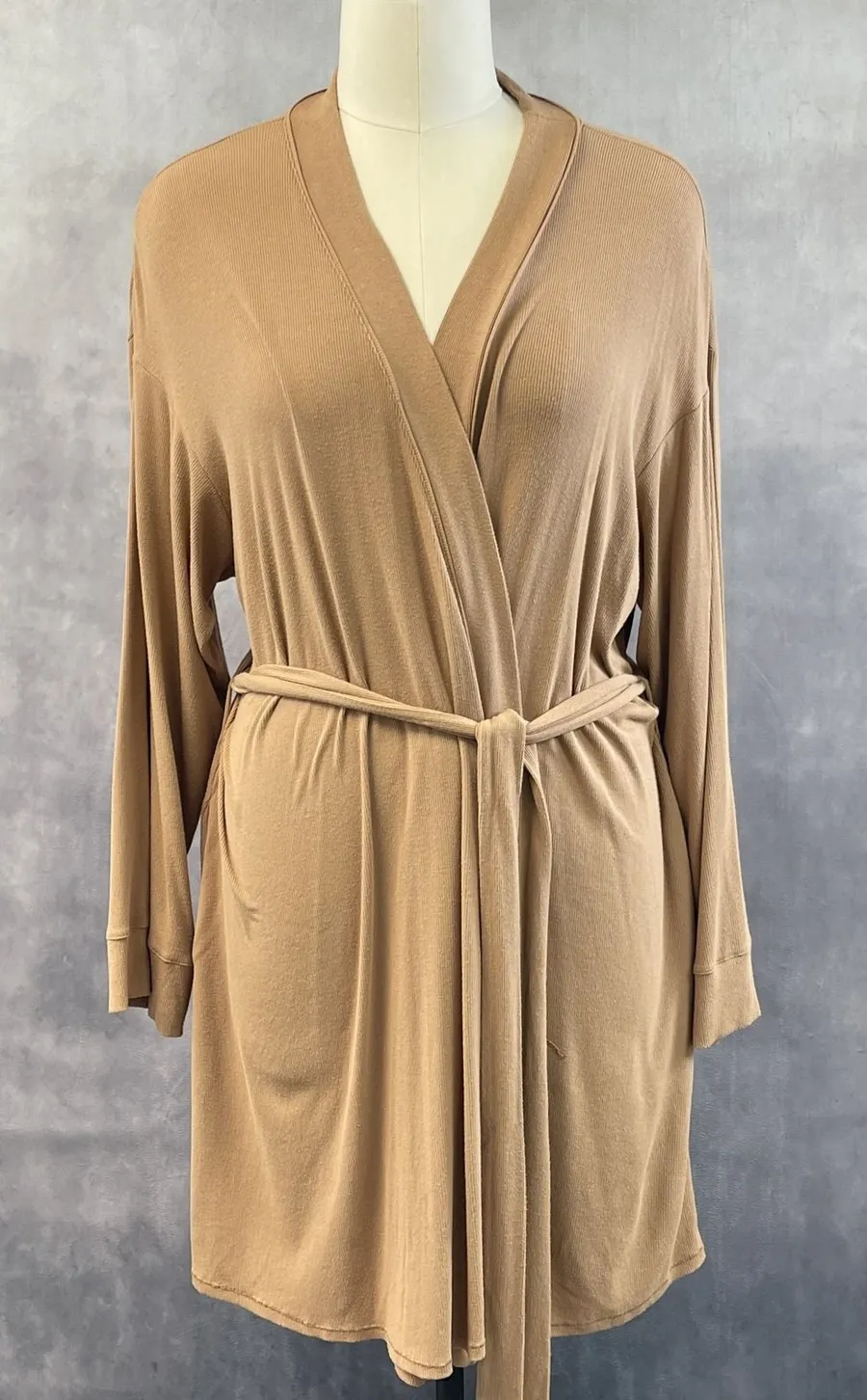 Skims Ribbed Robe Women 3XL Camel Stretch Minimalist Lounge Cozy Spa Resort