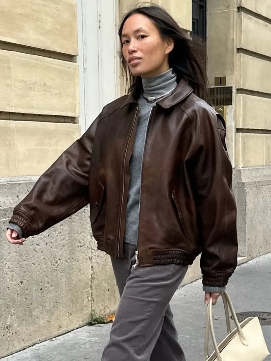 AND NOW THIS Brown Coffee Faux Leather Oversized Collar Full Zip Bomber Jacket M Size M