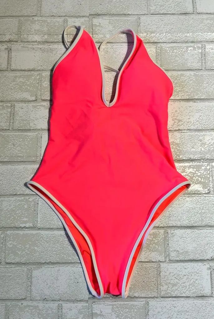 aerie Pink One-Piece Swimsuit with White Trim