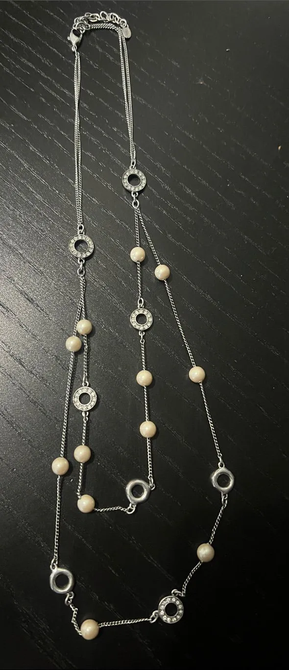 Elegant Pearl & Silver Station Long Necklace
