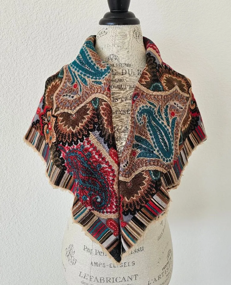 Vintage Ornate Paisley Wool Square Scarf – Earth Tones & Jewel Tones Blue